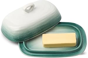 Hasense Butter Dish with Lid, Ceramic Butter Dish with Cover for Countertop, Porcelain Butter Keeper Holder with Handle Design for East West Coast Butter, Butter Tray with Lid for Fridge, Green