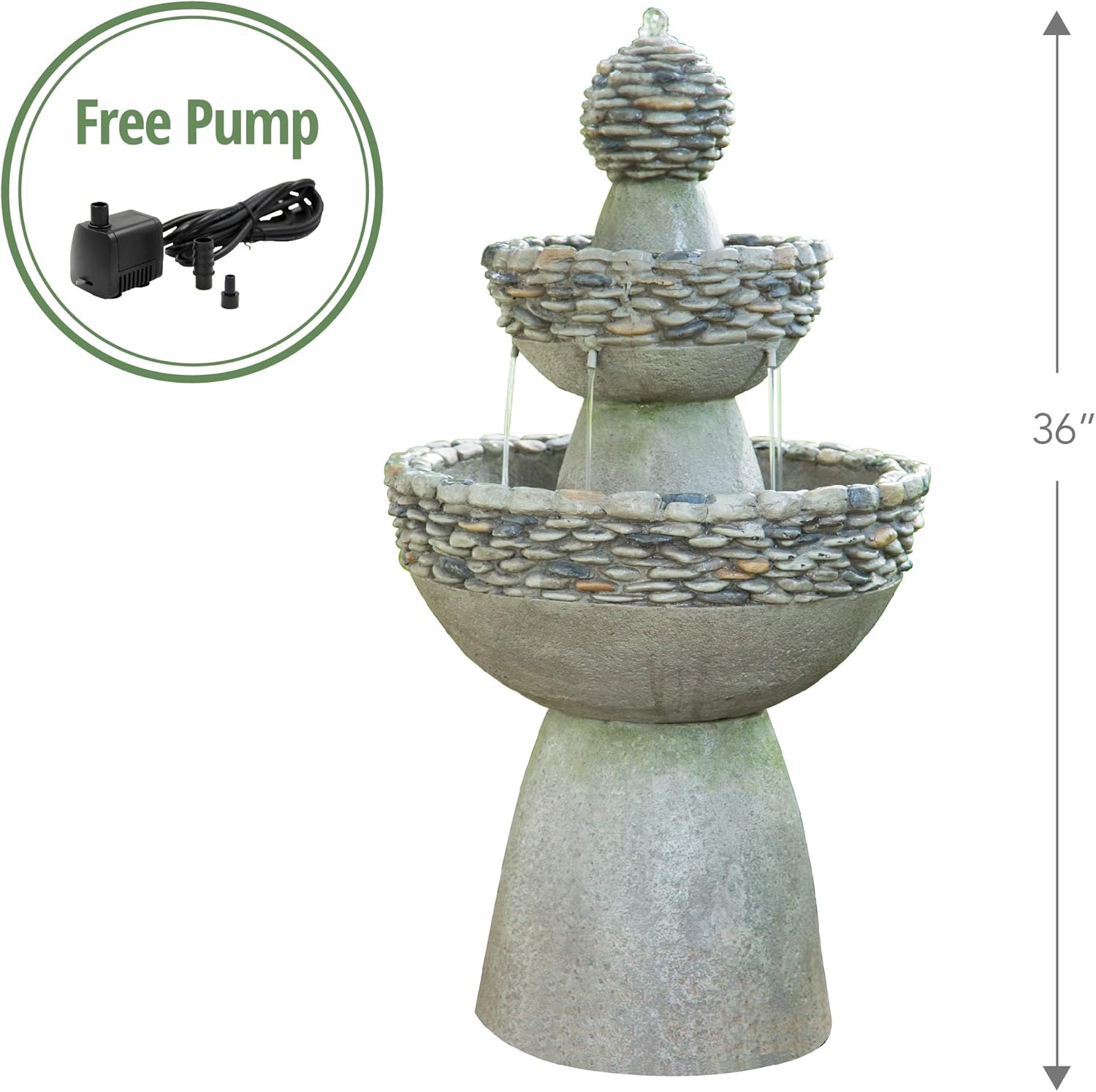 Peaktop FI0030AA Majestic Zen 3 Tiered Stone Like Floor Waterfall Water Fountain for Outdoor Patio Garden Backyard Decking with Pump, 37" Height, Gray : Garden & Outdoor