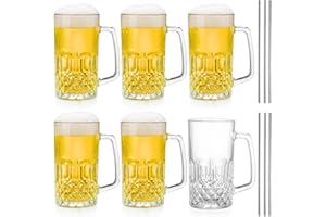 Frcctre 6 Pack 16 Oz Glass Beer Mug, Large Beer Glasses Steins with Handle and Stainless Steel Straws, Crystal Lead-Free Drin