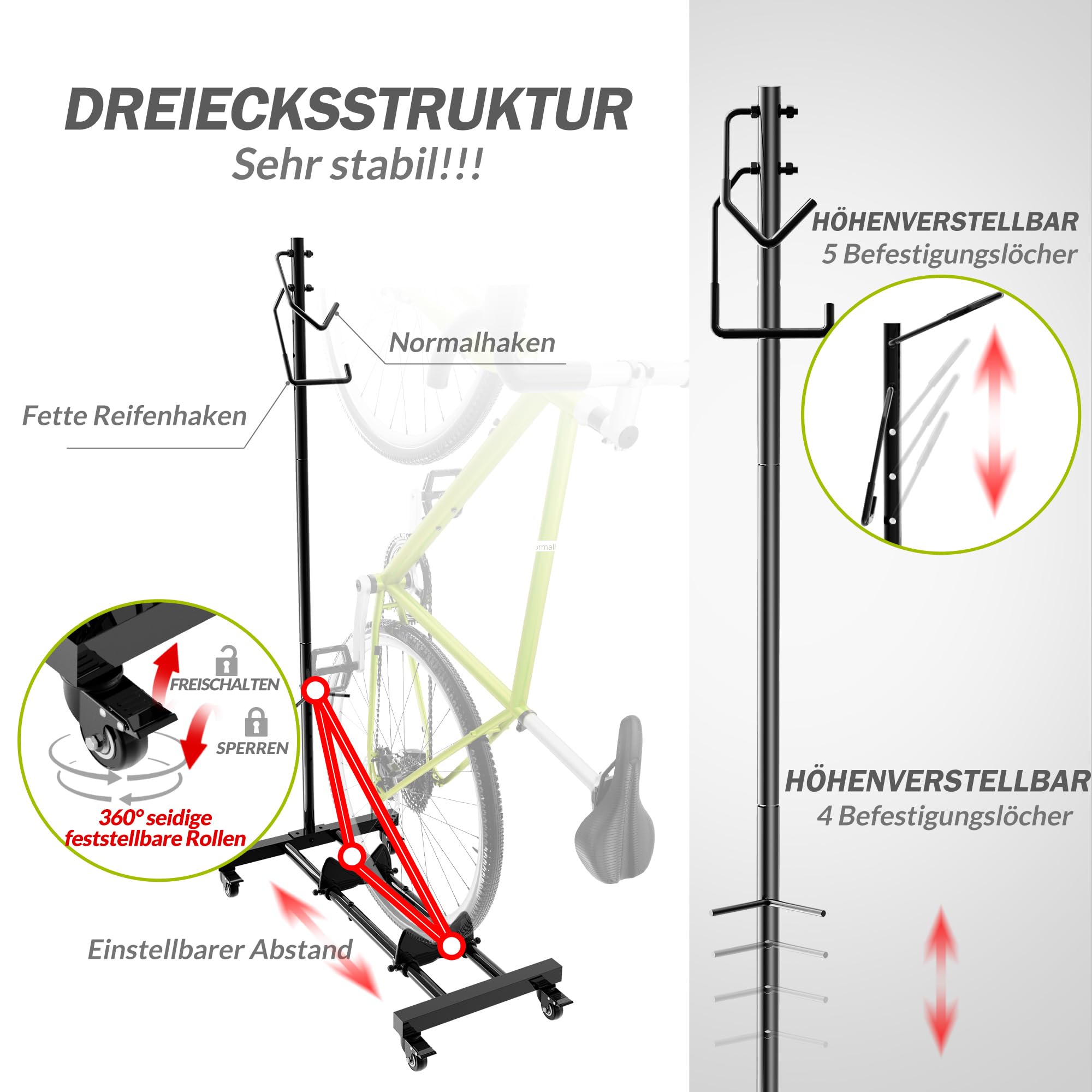 Sttoraboks Fahrradständer, vertikaler und horizontaler höhenverstellbarer Fahrradständer für Fahrräder, Fahrradbodenständer für MTB-Rennräder zur Aufbewahrung von Fahrrädern - für Fahrräder bis zu 29" 2