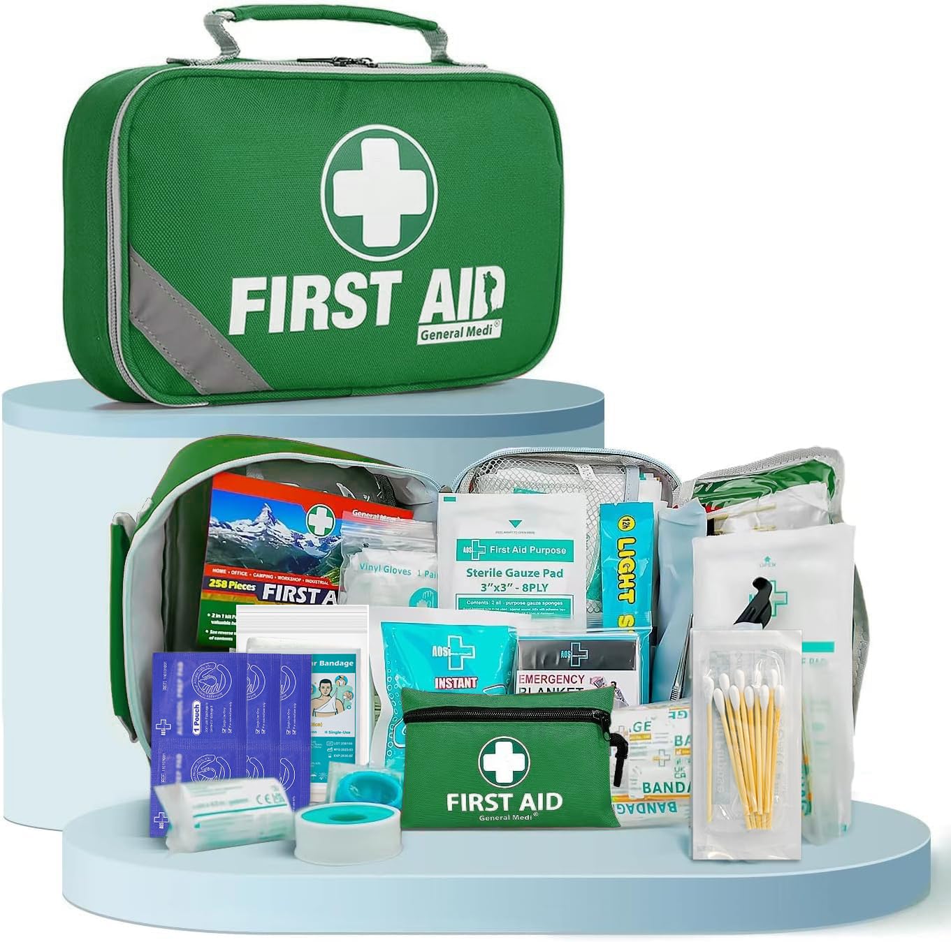 General Medi First Aid Kit (215 Piece) + 43 Piece Mini First Aid Kit - Includes Emergency Blanket, Bandage, Scissors for Home, Car, Camping, Office, Boat, and Traveling