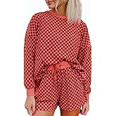 Tankaneo Womens 2 Piece Outfits Oversized Long Sleeve Checkered Plaid Tops Elastic Waist Shorts 2026 Pajama Sets Loungewear