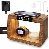 Bamboo Wireless Charging Station, 3 in 1 Charging Station with Light & Clock for Samsung & Android Phone, Wireless Phone Charger Station Only for Samsung Watch