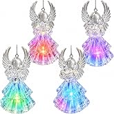 Lighted Acrylic Angel Christmas Ornaments Set of 4, Clear LED Angel Figurines with Reading Book, Horn, Harp &amp; Praying Designs, 4.25 Inch Hanging Angel Tree Decorations, Religious Holiday D&eacute;cor