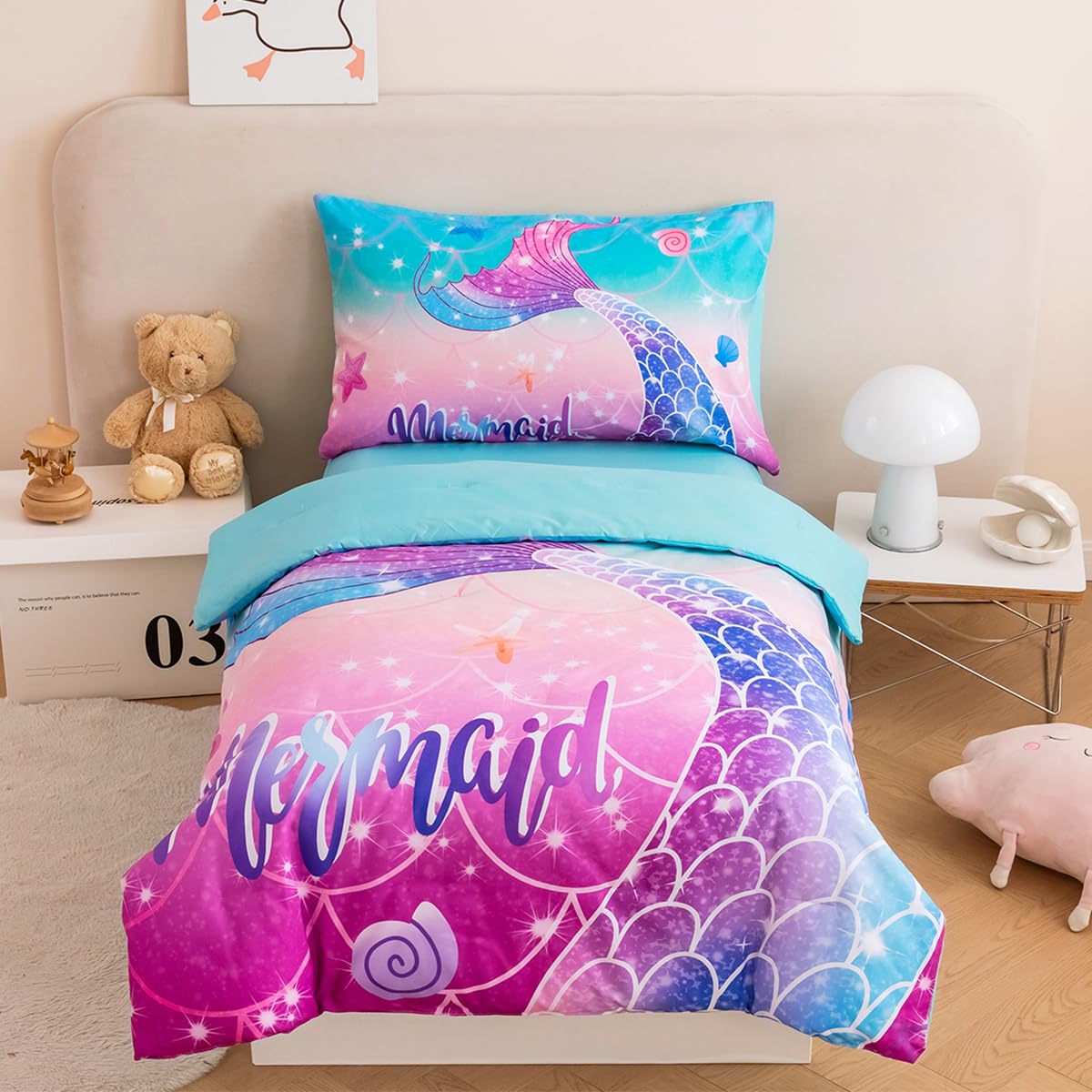 STYHO Double Duvet Cover for Girls Aqua Purple Mermaid Tail Printed Kids Bedding Set Soft Colorful Rainbow Chilren Bed Sets for All Season(Aqua Purple, Double) — image 1