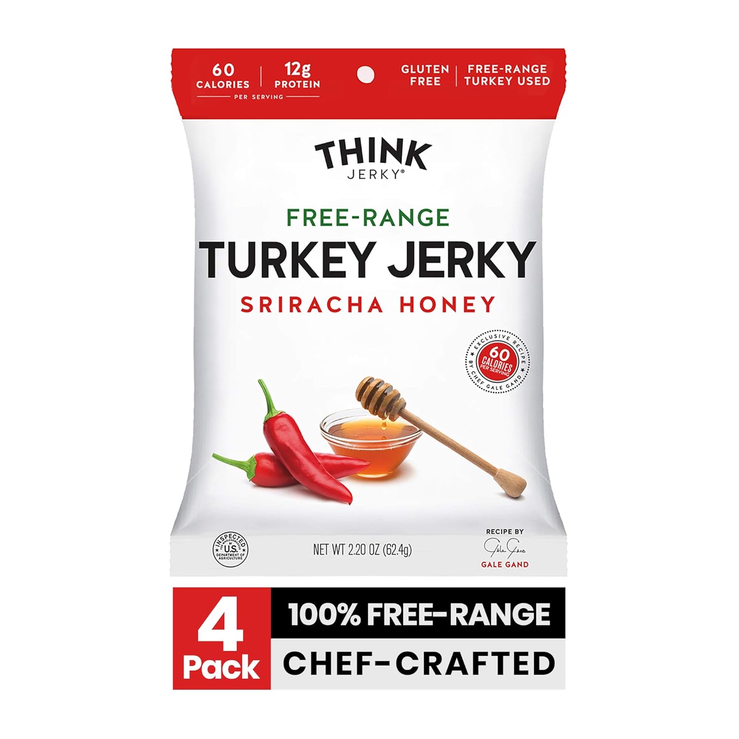 Sriracha Honey Turkey Jerky by Think Jerky &mdash; Delicious Chef Crafted Jerky &mdash; Free-Range Turkey With No Gluten or Antibiotics Added &mdash; Healthy Protein Snack Low in Calories and Fat &mdash; 2.2 Ounce (4 Pack)