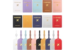 Swpeet 4Pcs Brown and Baby Blue PU Leather Passport Cover Holder and Luggage Tag Set, 2 Passport Covers 2 Luggage Tags, Passp