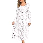 JRYNOEU Women's Long Sleeve Nightgown 100% Cotton Soft Knee-Length Sleepwear Gown for Women Cozy Lounge Dress Pajamas