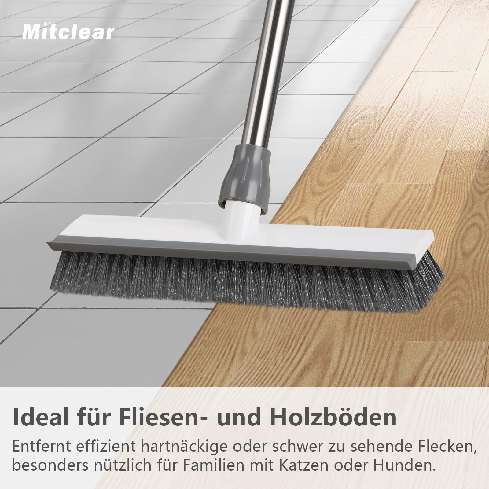 Mitclear Boden-Scheuerbürste mit Stiel(128cm), Schrubber Terrasse mit steife Borsten & Gummiabzieher, Terrassenreiniger, Scheuerbürste für die Reinigung von Fliesen, Balkon, Küche, Bad, Dusche, Garage 5