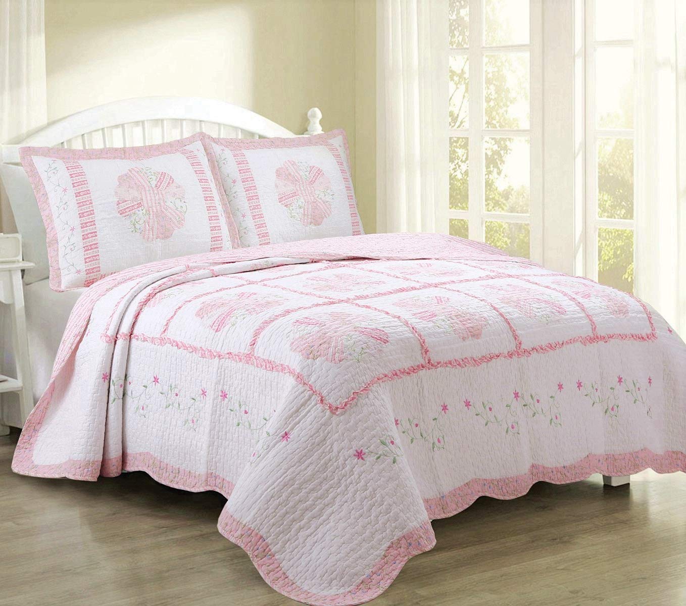 Cozy Line Home Fashions100% Cotton Real Patchwork Pink Flora Dresden Plate Reversible Quilt Bedding Set, Coverlet, Bedspread (Daisy Field, Queen - 3 Piece)