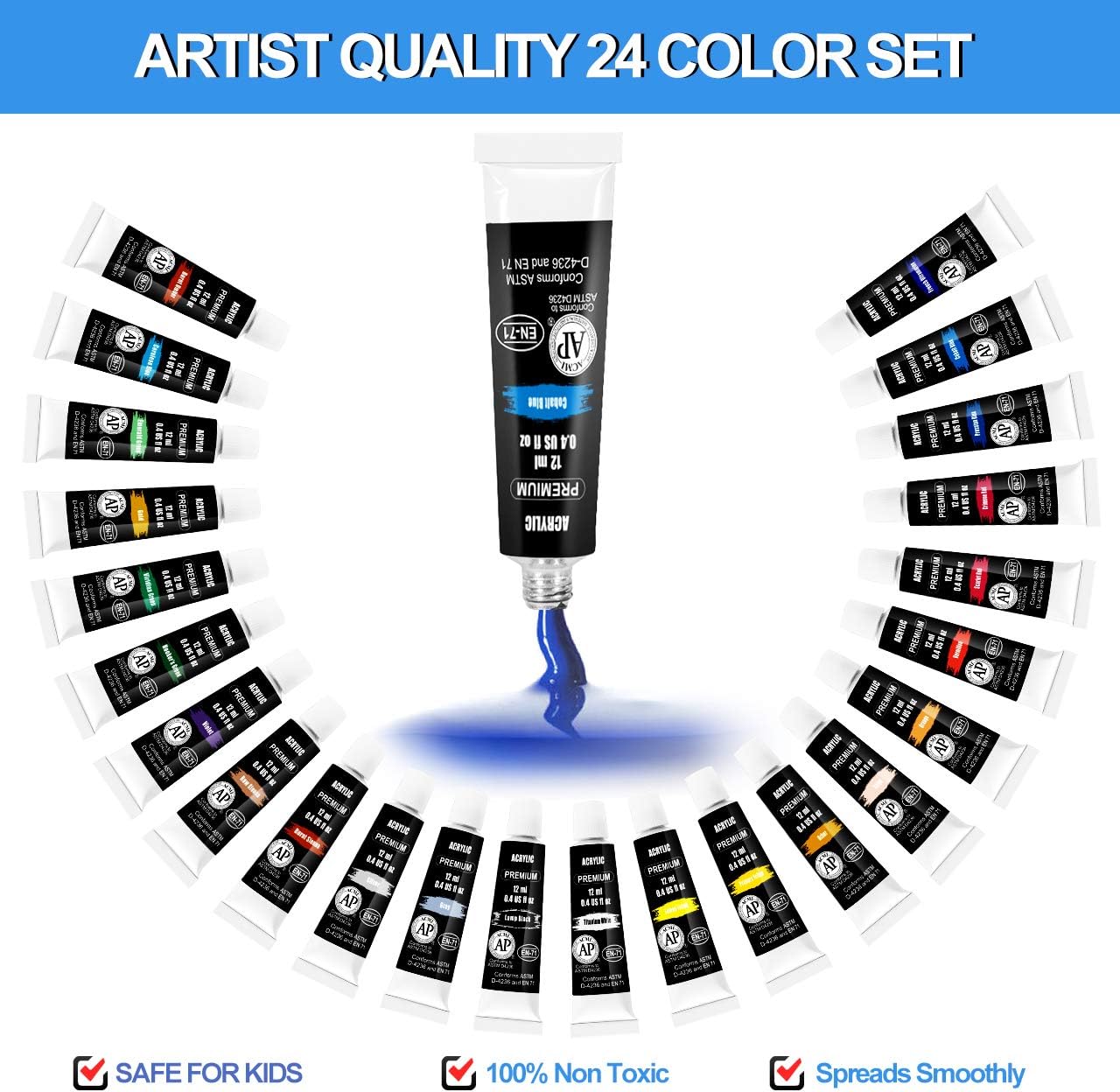 Acrylic Paint Set, Emooqi 24(12ml/0.4oz) Rich Pigment Colors, with 11 Art Brushes, Paint Palette & Painting Canvas - Quick Dry Paints for Hobby Painters & Kids, Canvas Wood Rock Ceramic Paint