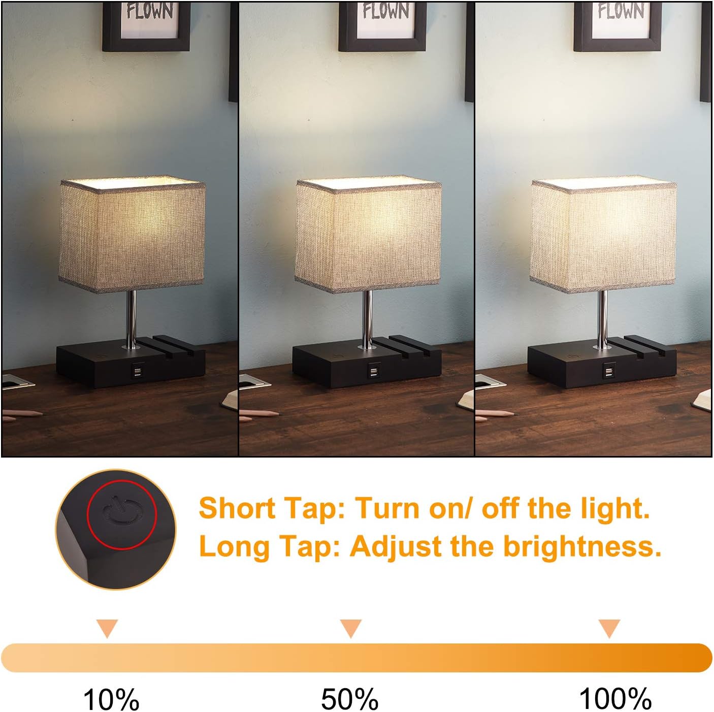 Touch Control Bedside Lamp with 2 USB Ports, Aooshine Fully-Dimming USB Table Lamp with 2 Phone Stands and Low Voltage Led Bulb, Grey Fabric Shade Modern Style, Suitable for Bedroom, Living Room, Off: Home Improvement