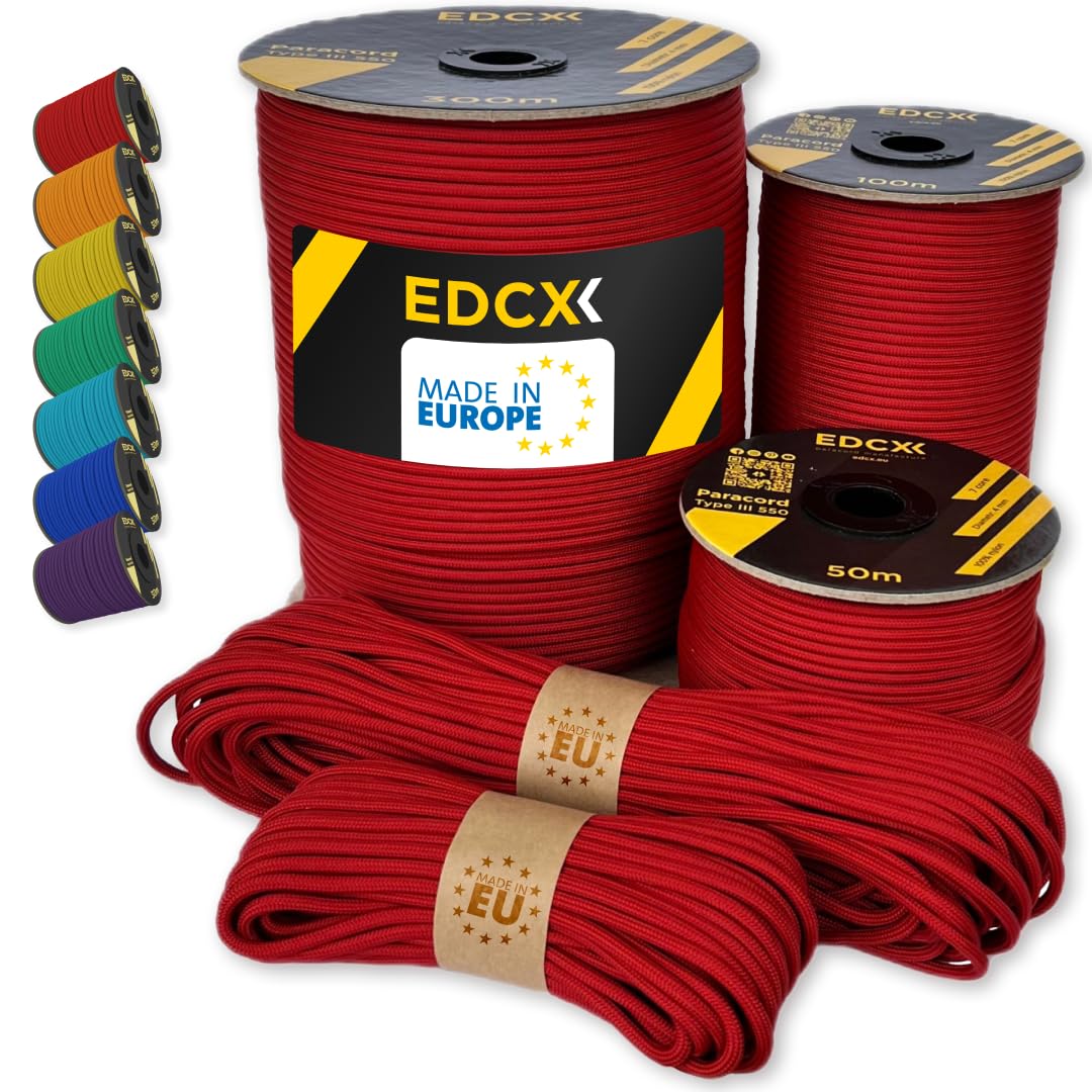 EdcX Paracord 4mm, 35+ Solid Colors (10m, 15m, 30m, 50m, 100m, 300m) | Ideal for Crafting, DIY, Camping, Survival, Outdoor | 100% Nylon Rope 4mm | Tactical Cord 550 Type III (Red, 30 m) — image 1