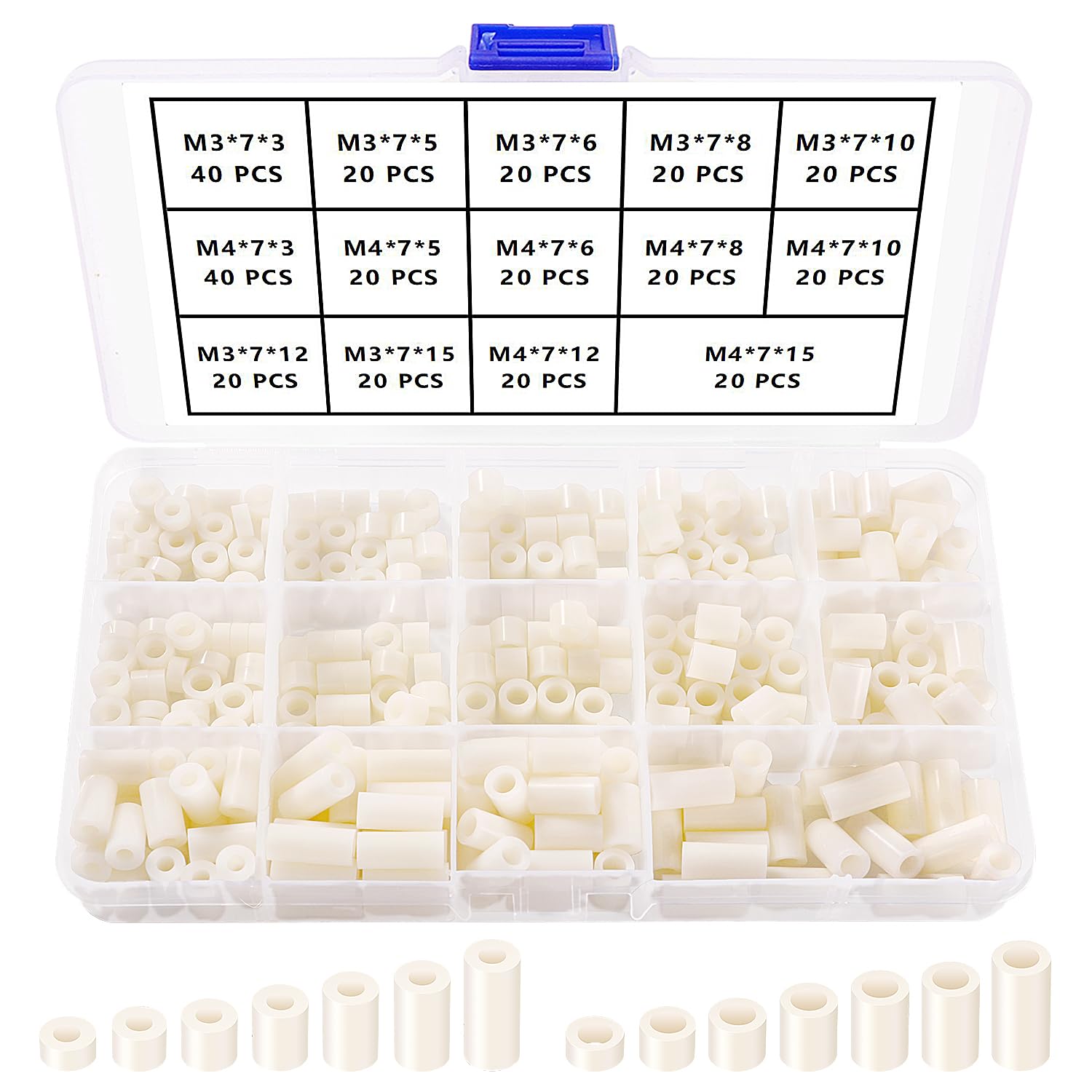 YIXISI 320 PCS ABS Round Spacer Assortment Kit, for M3 / M4 Screws, Non Threaded Column Standoff Support Spacer, OD 7mm, White