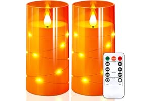 NURADA 3"x6"Flickering Flameless Candles: Built-in Star String Lights 3D Wick Battery Operated LED Pillar Candles with Remote and Timer for Halloween Thanksgiving Dinner Tables Home Fall Decor Orange
