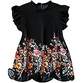 WDIRARA Women's Plus Size Floral Ruffle Cap Sleeve Blouse Frill Mock Neck Top