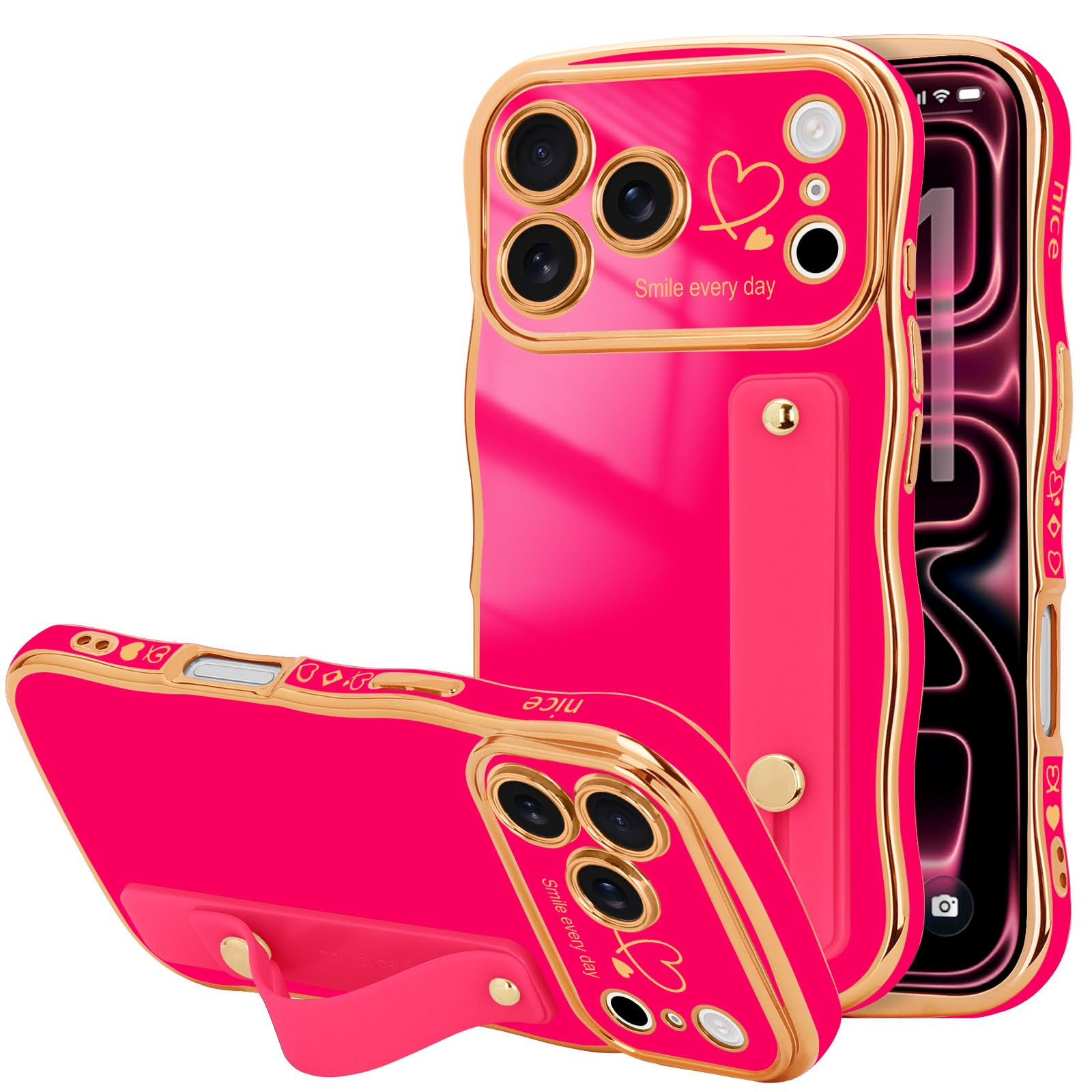 LLZ.COQUE for iPhone 17 Pro Max Case for Women Girls with Strap, Wave Frame Cute Love-Heart Plating Luxury Cover, Raised Full Camera Soft TPU Protective Phone Case for iPhone 17 Pro Max, Hot Pink