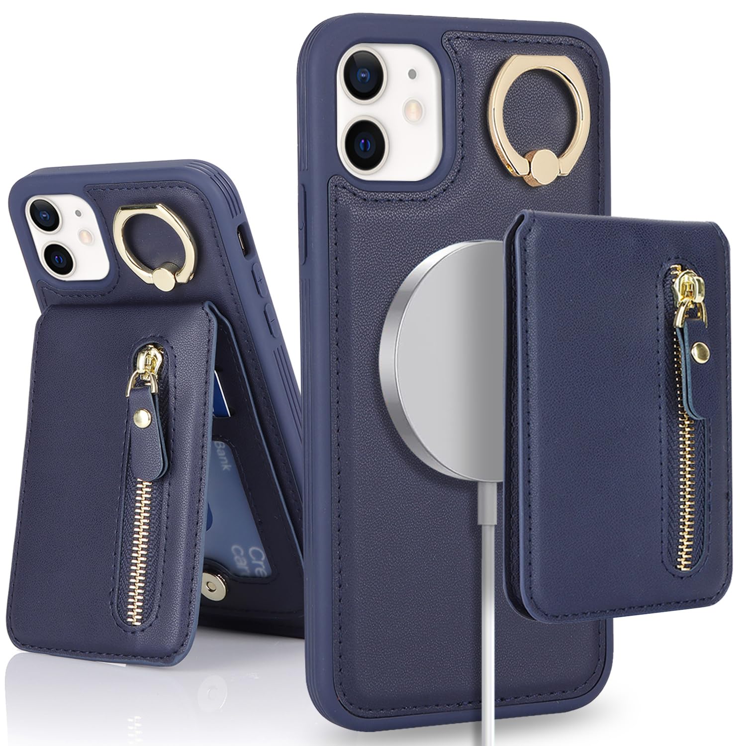 SailorTech iPhone 12/12 Pro Phone Leather Case with Credit Card Holder Magsafe, iPhone 12/12 Pro Case Ring Stand with Kickstand Card Slots Wallet Detachable 2-in-1 Zipper Case - Navy Blue — image 1