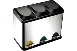 Triple Compartment Stainless Steel Recycling Bin with Foot Pedals – 45L (3 x 15L) Step-On Trash Can for Kitchen, Home, and Of