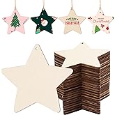AWIZOM 60 Pcs Unfinished Star Wooden Ornaments Wooden Christmas Star Cutouts to Paint Blank Wood Slices with Twine for DIY Craft Present Tags Xmas Winter Holiday Hanging Decorations,3.94x3.9 Inch