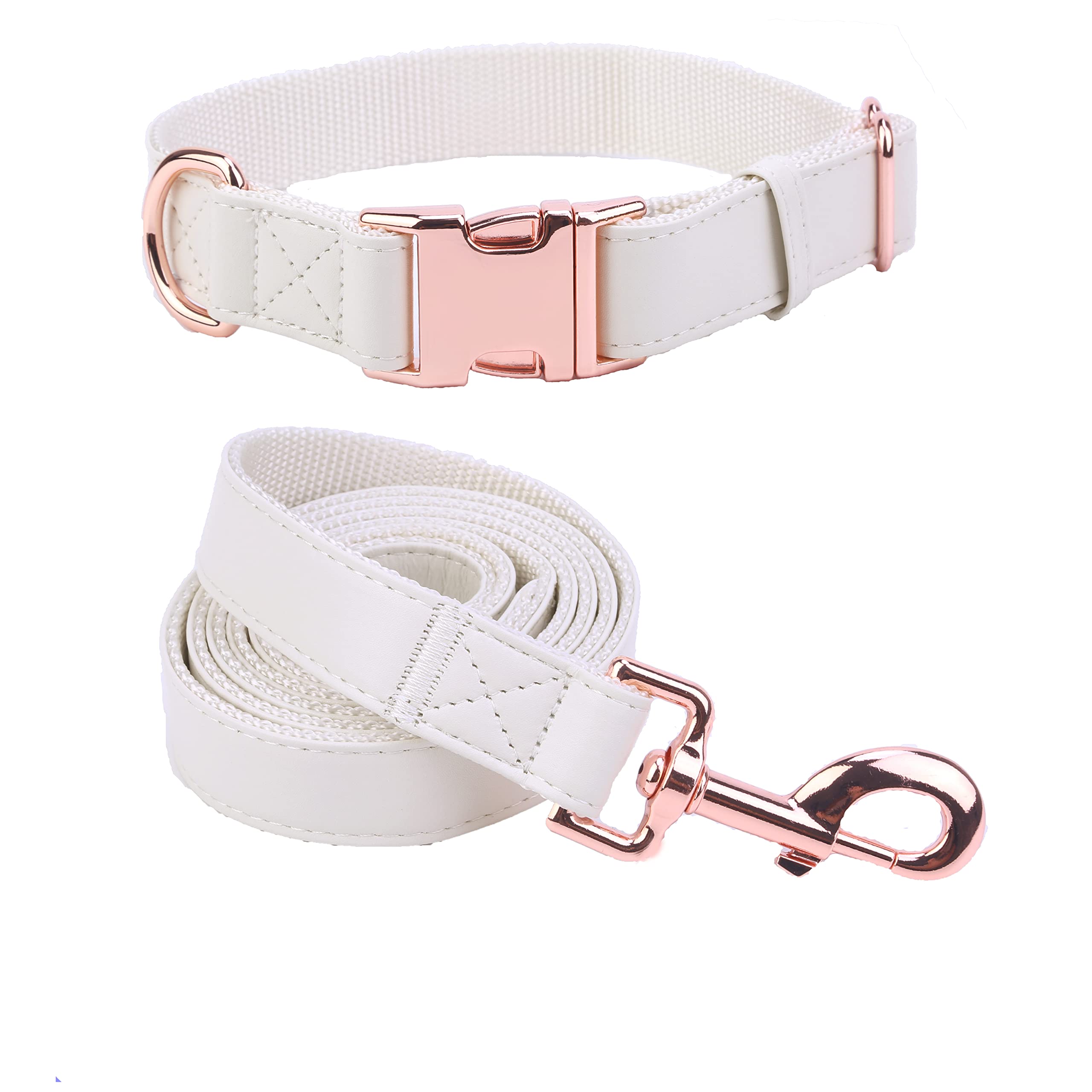 Dog Collar and Leash Set.Soft and Easy to Clean Vegan Leather with Rose Gold Metal Buckle for Small Medium Large Dogs (M(13.8"-19.7"), Off-White)