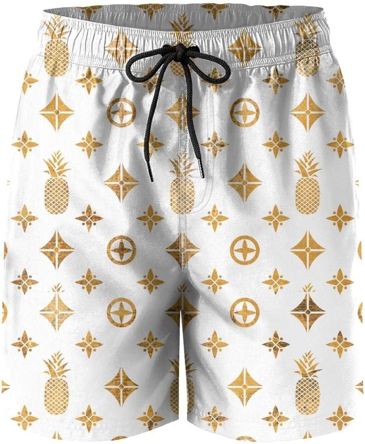 Men's Gold Retro Pineapple White Background Pattern Swim Trunks Surfing Beach Shorts Classic Fit Board Shorts
