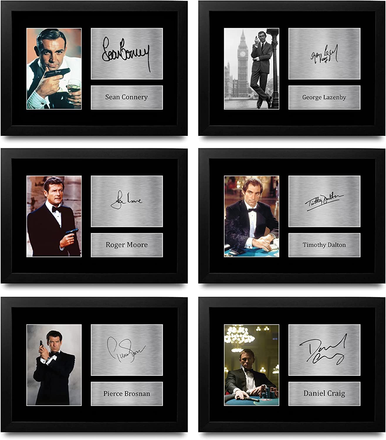 HWC Trading FR A4 James Bond Gift Collection x 6 inc. Connery, Lazenby, Moore, Dalton, Brosnan & Craig Printed Signed Autograph Picture for Movie Memorabilia Fans - A4 Framed