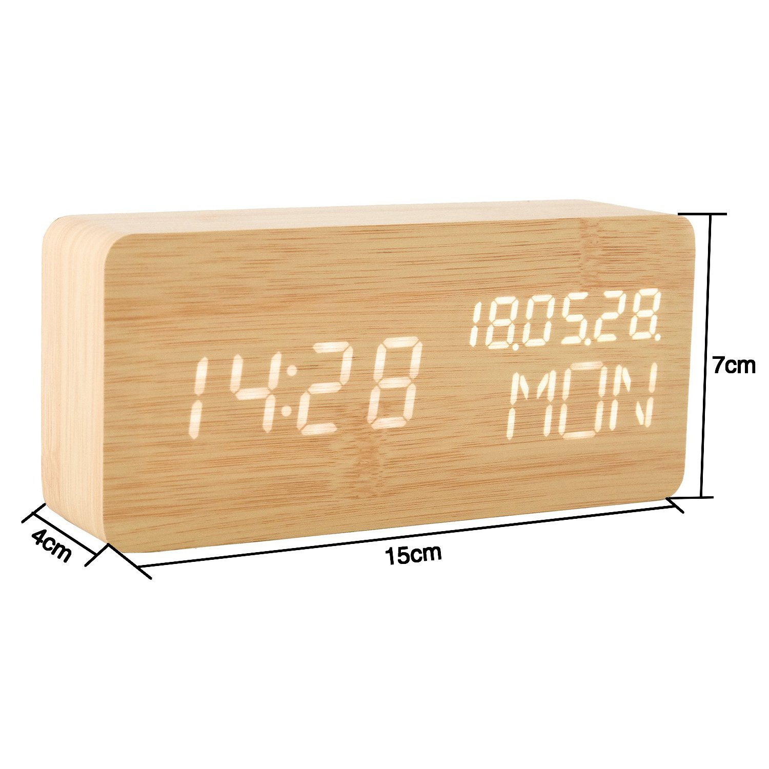 wivarra Réveil en Bois Numérique Réveil LED en Bois Horloge Numérique Activation 3 Niveaux Luminosité 3 Alarmes Afficher Heure Date Semaine Température Alimenté par USB ou Batterie