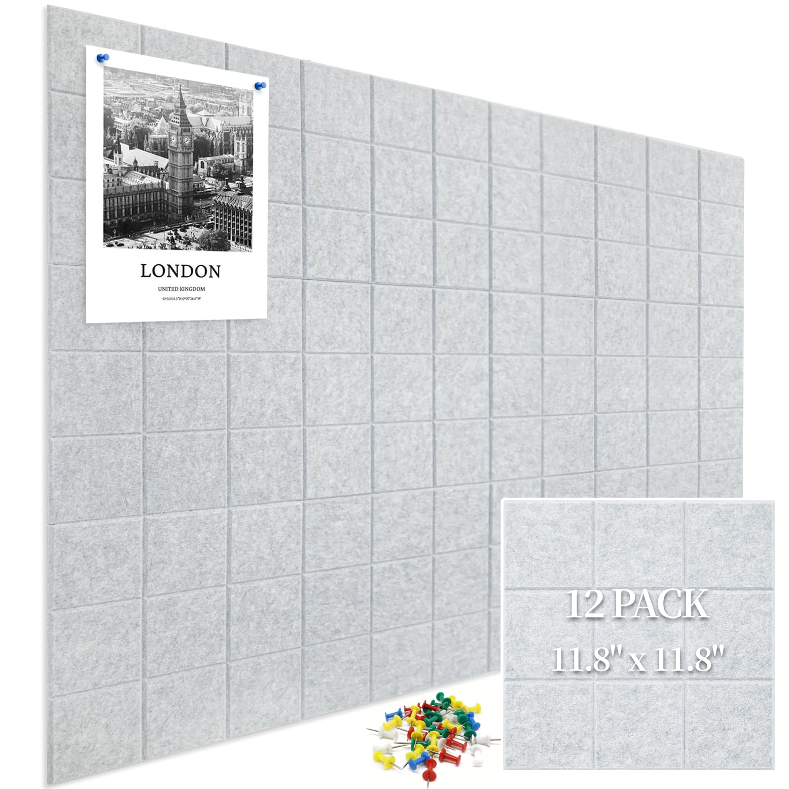 Photo 1 of 12 Pack Large Cork Board for Walls, 48" X 36" Felt Bulletin Board Tiles with 48 Safe Removable Adhesive Tabs & 60 Push Pin Board Decorative Cork Board Tack Board Wall Organizer for Office - Grey