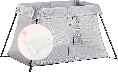 BabyBjörn Travel Cot Light Silver with Fitted Sheet Organic Cotton