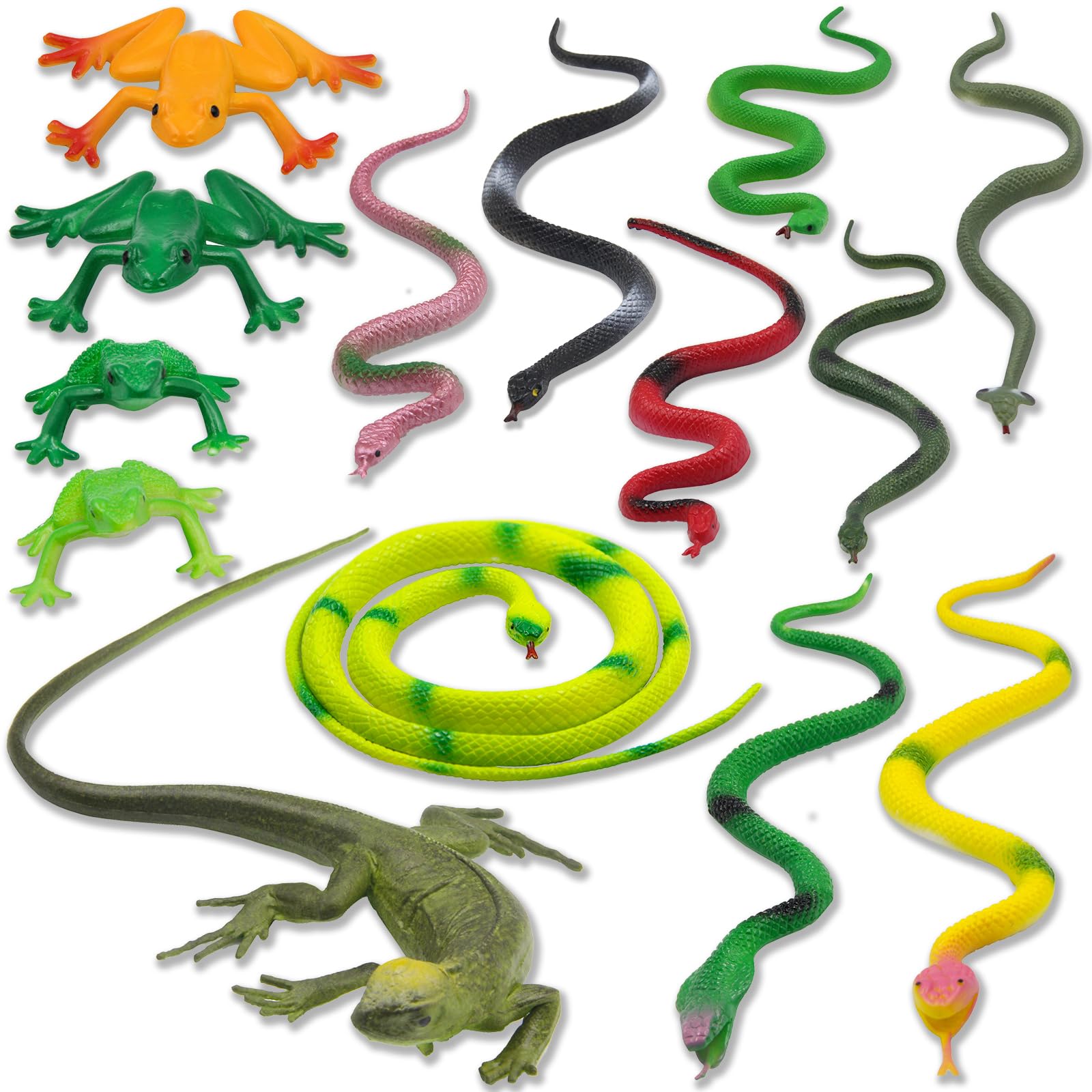 Pinowu 14pcs Realistic Rubber Snake Animals, 1 Lizard + 4 Frog toys + 9 Fake Snakes 4” to 35”, Assorted Colorful Forest Animals for Garden Prank Prop Scare Birds Halloween Party Favors