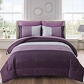 WONGS BEDDING Purple Comforter Set Queen, Reversible Purple Striped Patchwork Alternative Comforte Set for Queen Bed,3 Pieces(1 Comforter+2 Pillowcases), Soft Microfiber Bedding Set 90”×90”