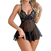 Foxiny Sexy Backless Floral Lace Mesh Sheer Babydoll Lingerie Dress Set with Thong 2 Piece
