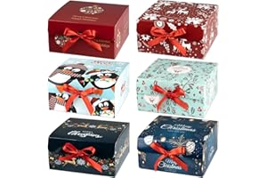 ARTLYMERS Christmas Gift Boxes with Lids, 6 Pack Gift Box and Red Ribbon Christmas Themed Pattern Small Gift Boxes for Xmas Presents Gifts Easy Assemble