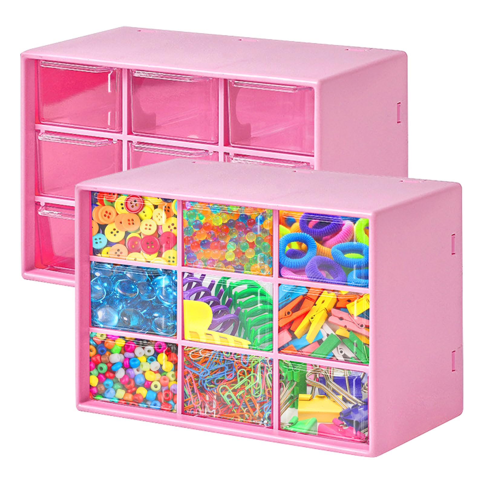2Pcs Small Storage Drawers, Drawers Storage Unit With 9 Drawers Desktop Drawer Box, Organiser Drawers Unit Craft Storage Cabinet Drawer Organiser For Office Supplies & Accessories (Rose)