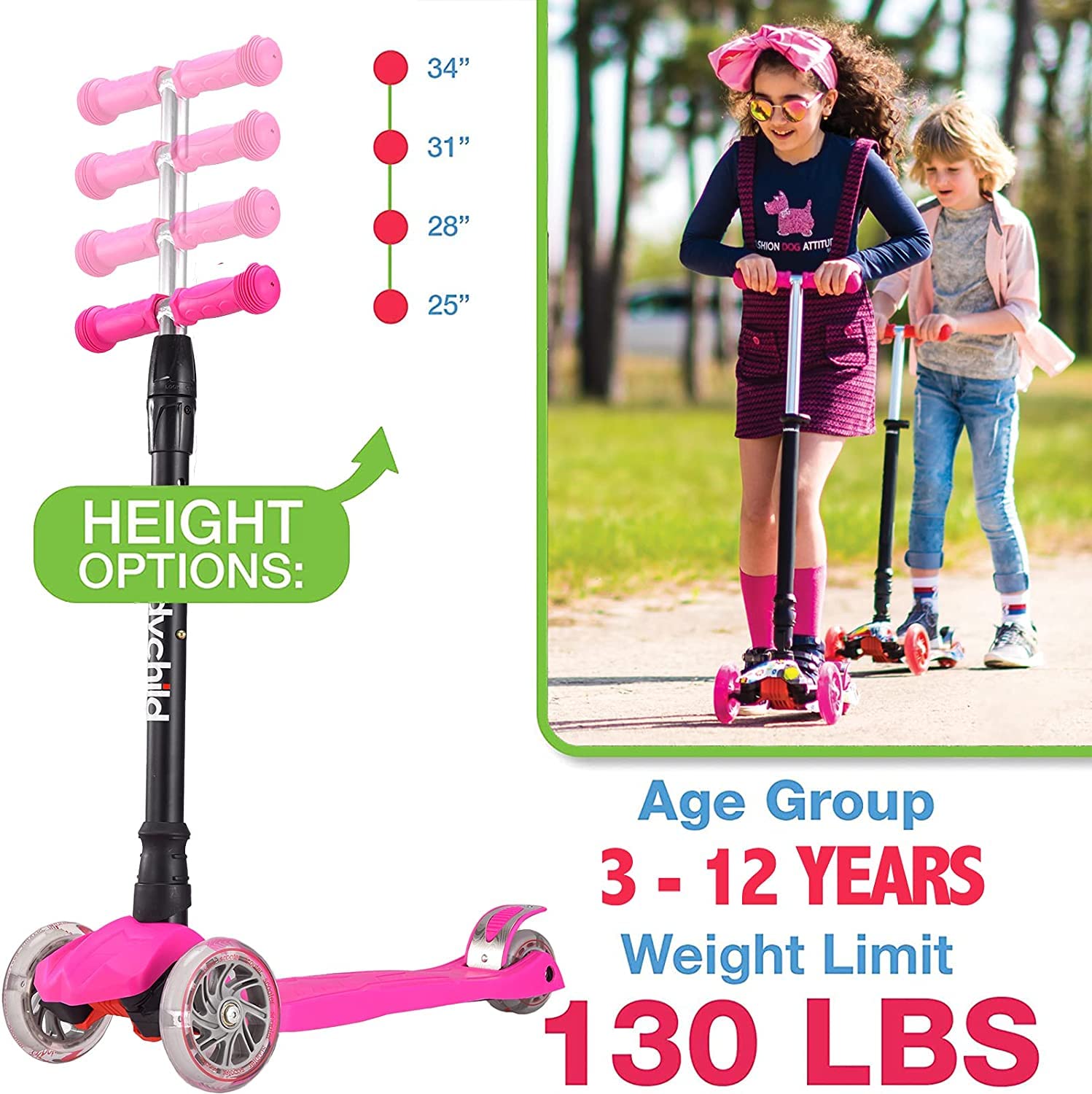 Kids Kick Scooter, 3 Wheeled Scooter for Kids, Child/Toddlers Toy, Adjustable Height, Anti-Slip Deck, Flashing Wheel Lights, for Boys/Girls 3-12 Year Old