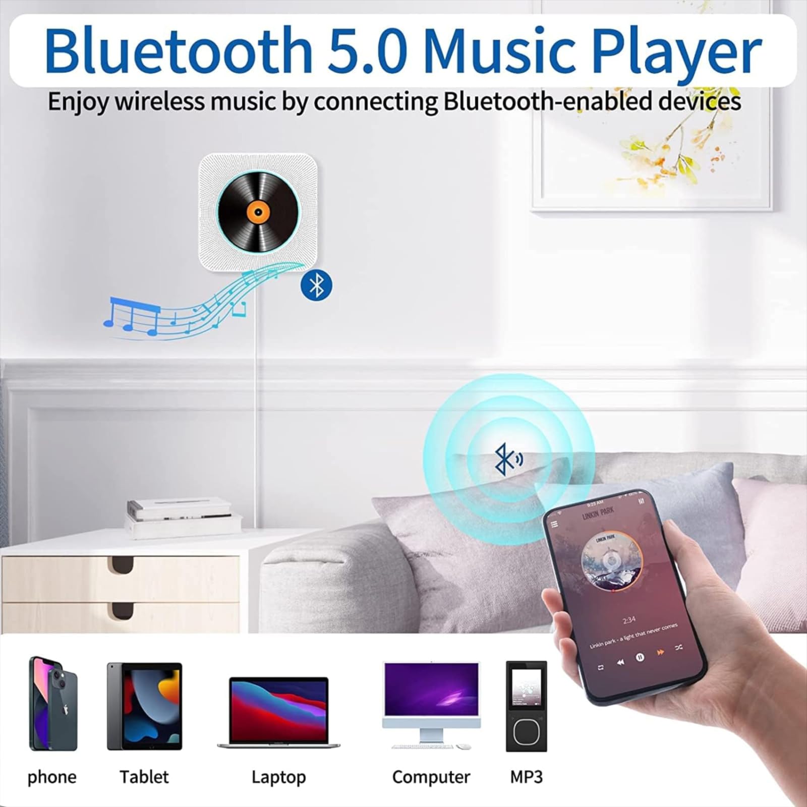 Portable Wall CD Players with 5.0 Bluetooth, Wall-Mountable CD Player with HiFi Speaker, USB Playback/AUX/FM Radio, Pull Cord Switch Design, Music Player with Remote Control, Home Audio Boombox