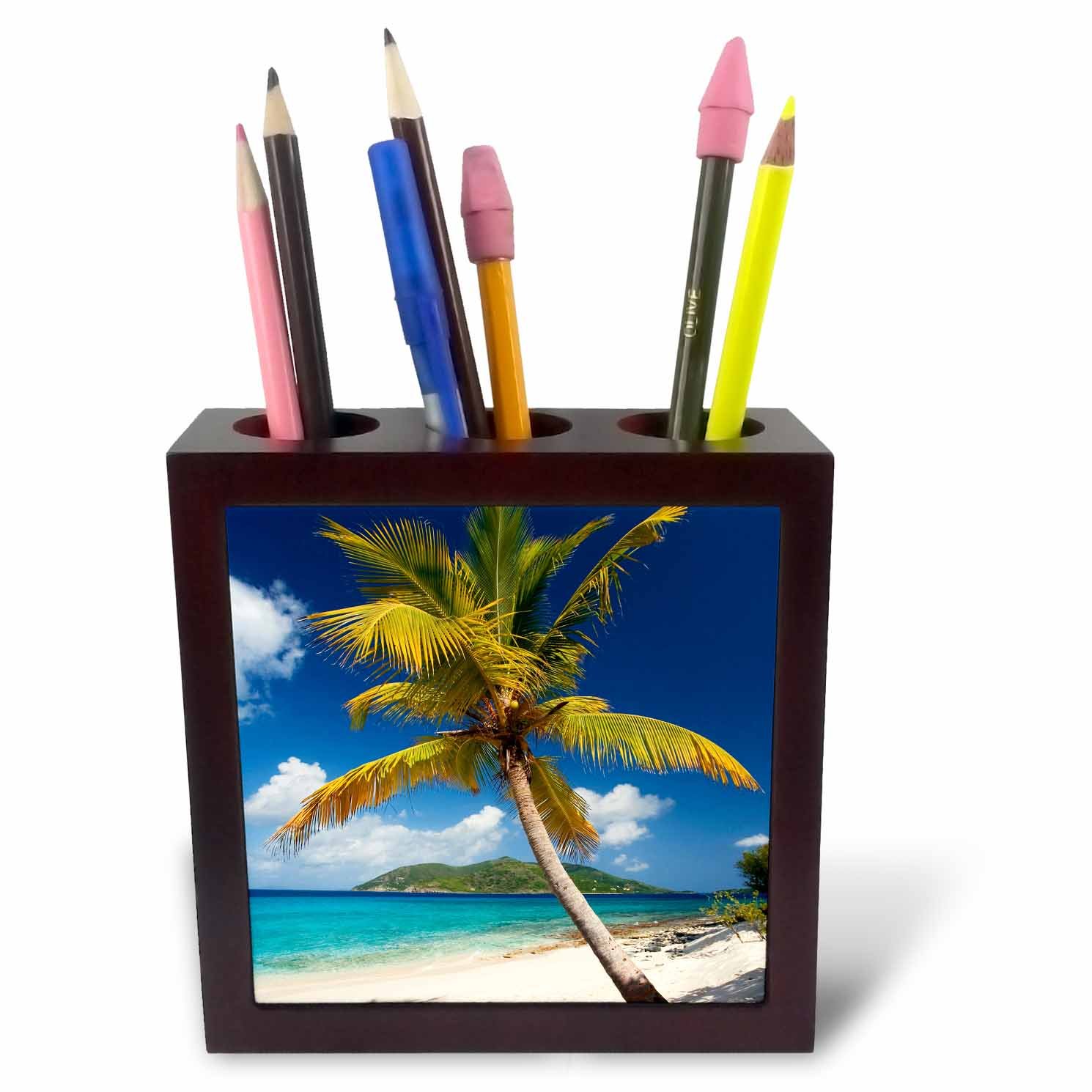 3dRose ph_226531_1 5-Inch "Palm Tree on Sandy Island/British Virgin Islands" Tile Pen Holder