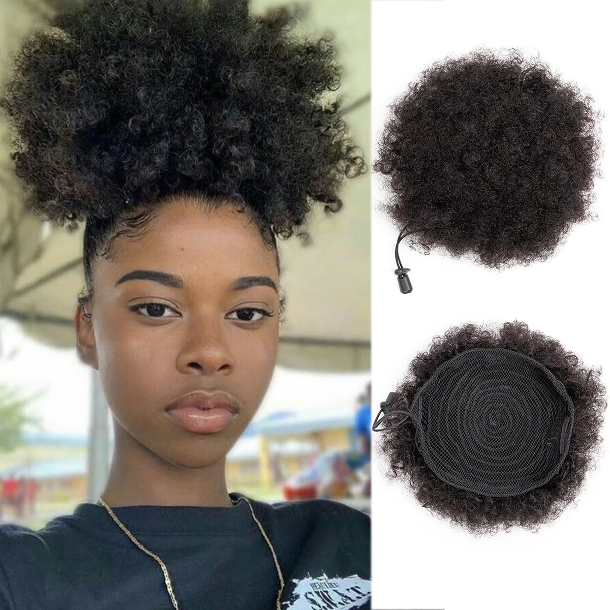 Photo 1 of FEIPRO Afro Puffs Large Human Hair Buns Natural Drawstring Ponytail Extensions Updo Chignon 8 Inch Natural Black for Black Women Girls