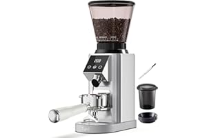 Tuni G1 Conical Burr Coffee Grinder, 48 Grind Settings Anti-static Burr Mill, Precision Electronic Timer and LED Touchscreen for Espresso/Drip/Cold Brew/French Press, Stainless Steel, Silver