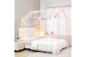 Mengersi Montessori - Rideaux de lit avec lumières - Ciel de lit de sol pour filles et garçons - Décoration de lit à quatre a