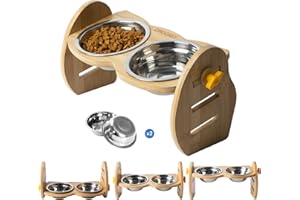 KITGO Elevated Dog Bowls, Adjustable Raised Dog Bowls for Small Dogs and Cats, 15° Tilted Durable Bamboo Dog Bowl Stand with 2 Stainless Steel Dog Food Water Bowls