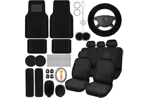 Woanger 47 Car Seat Cover Full Set for Women Included Car Front Rear Seat Fluffy Steering Wheel Cover Belt Automotive Floor Mats Air Conditioner Decoration Strip Universal(Black)