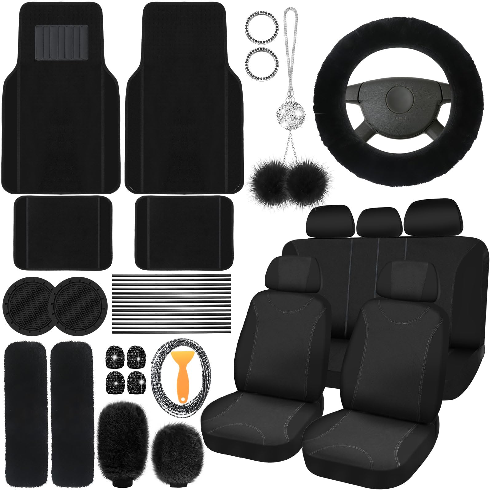 Photo 1 of Woanger 47 Car Seat Cover Full Set for Women Included Car Front Rear Seat Fluffy Steering Wheel Cover Belt Automotive Floor Mats Air Conditioner Decoration Strip Universal(Black)