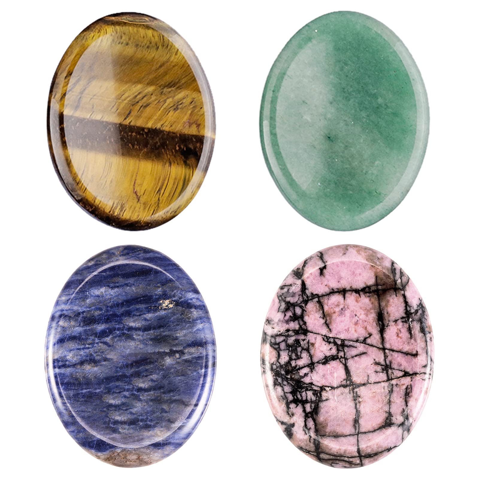 mookaitedecor 4pcs 4.5cm Natural Crystals Set Thumb Worry Stones for Stress Anxiety Relief, Oval Semi Precious Stones, Pocket Stones Quartz Healing Crystal Gifts for Reiki Chakra Balancing