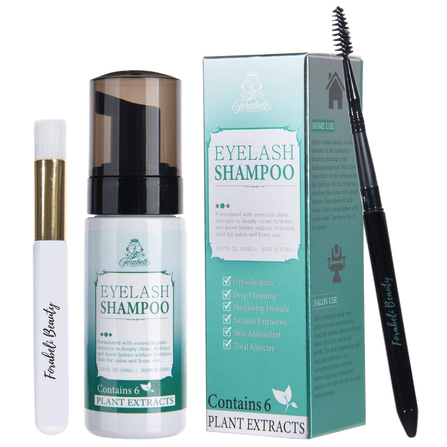 Eyelash Extension Foam Cleanser Shampoo & Brush + Mascara Wand - Forabeli/Eyelid Foaming Cleansing/Lash Cleaner/Nourishing Formula/Paraben & Sulfate Free/Makeup & Mascara Remover/Salon and Home use