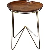 Bare Decor Paolo Accent Table with Teak Wood Top with Gold Finish Metal Legs, Round 19"