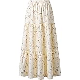TIANKMER Maxi Skirt Women Summer Boho Flowy Swing Tiered A-Line Fall Elastic High Waist Pleated Ruffle Long Beach Skirt Dress