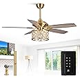 Parrot Uncle Gold Ceiling Fans with Lights and Remote, 52 Inch Crystal Chandelier Ceiling Fan with Light for Bedroom, Brass Ceiling Fans Lighting, Ventilador de Techo, Reversible Airflow, 3 Speeds