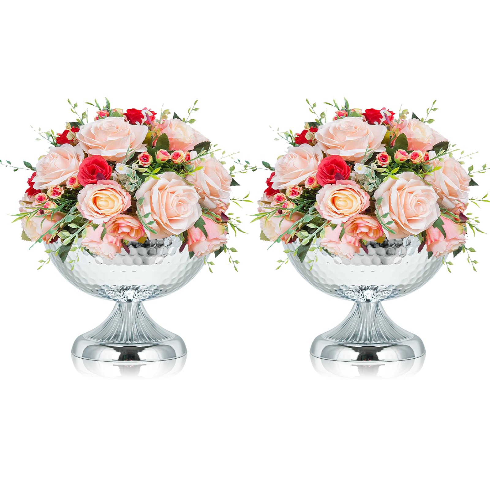 Photo 1 of Kolnlala Metal Urn Vases for Centerpieces - 6.3" Tall Flower Pot Planters, Wedding Table Decor, Party Reception, Home Floral Arrangement (2, Silver)